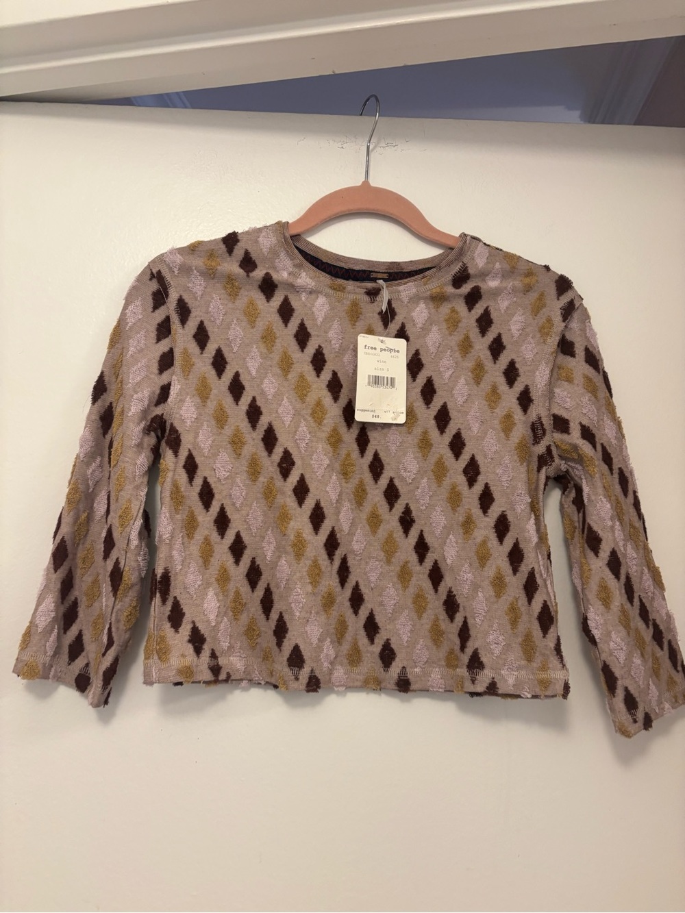 Free People Pink & Brown Diamond-Pattern Knit Top cropped new